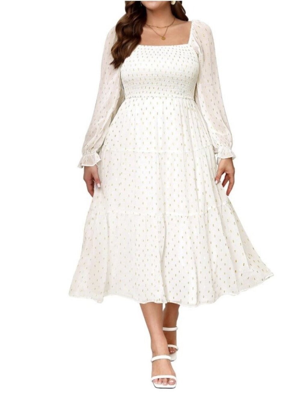 NWT Pinup Fashion 18W White Gold Dot Square Neck Midi Dress Sheer Sleeve